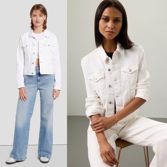 7 FOR ALL MANKIND 90s Luxe Ivory Stretch Denim Cropped Jean Trucker Jacket L - Picture 2 of 15